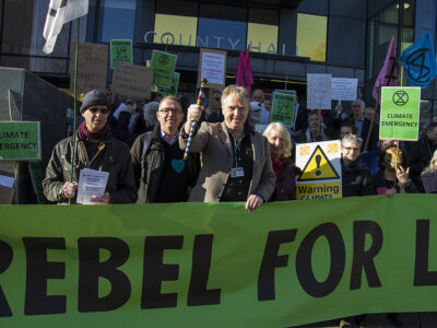 Demonstrators outside County Hall.