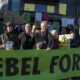 Demonstrators outside County Hall.