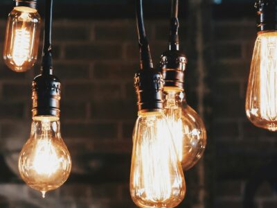 A number of lit-up lightbulbs