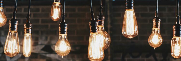 A number of lit-up lightbulbs