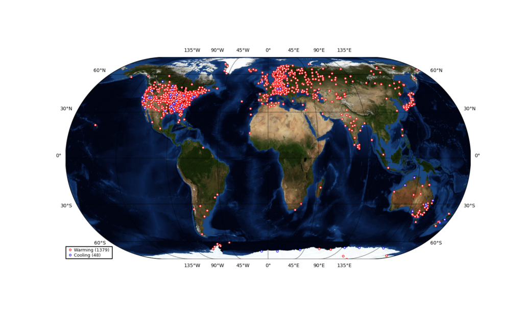 Global map showing locations of warming and cooling weather stations.